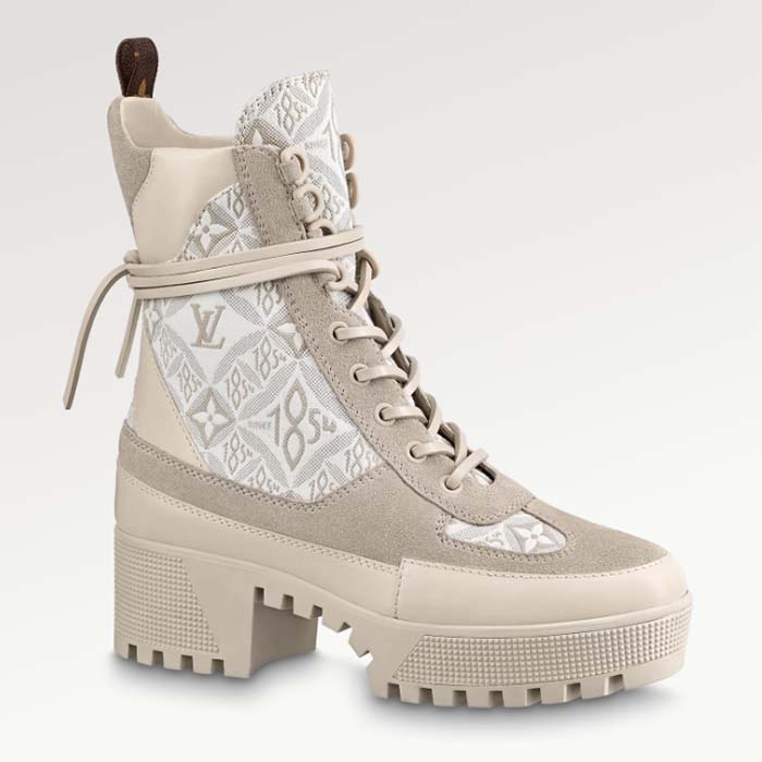 Louis Vuitton Women LV Platform Desert Boot Beige Jacquard Textile Suede Calf Leather