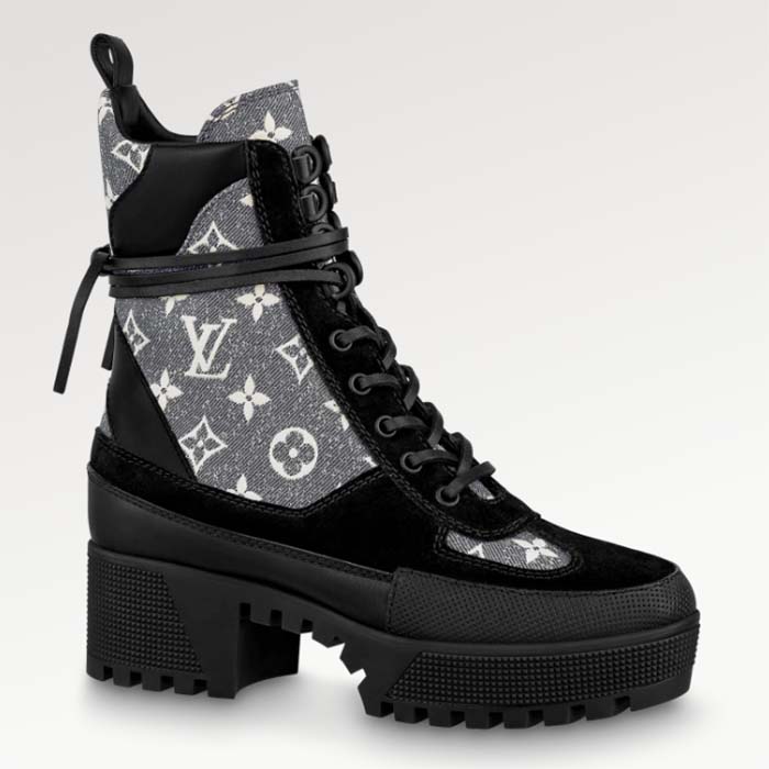 Louis Vuitton Women LV Platform Desert Boot Gray Monogram Denim Calf Leather