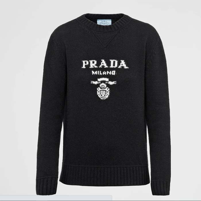 Prada Women Cashmere Wool Prada Logo Crew-Neck Sweater Black Menswear Fit