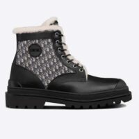 Dior Unisex Dior Explorer Ankle Boot Black Smooth Calfskin Beige Black Oblique Jacquard
