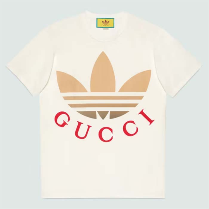 Gucci Men GG Adidas x Gucci Cotton Jersey Ivory Trefoil Print Crewneck Short Sleeves