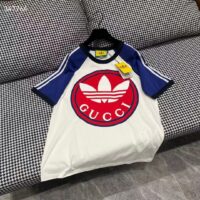 Gucci Men GG Adidas x Gucci Cotton Jersey T-Shirt Ivory Blue Trefoil Print Raglan Sleeves Crewneck (4)