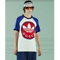 Gucci Men GG Adidas x Gucci Cotton Jersey T-Shirt Ivory Blue Trefoil Print Raglan Sleeves Crewneck (4)