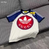 Gucci Men GG Adidas x Gucci Cotton Jersey T-Shirt Ivory Blue Trefoil Print Raglan Sleeves Crewneck (4)