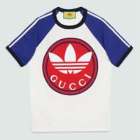 Gucci Men GG Adidas x Gucci Cotton Jersey T-Shirt Ivory Blue Trefoil Print Raglan Sleeves Crewneck (4)