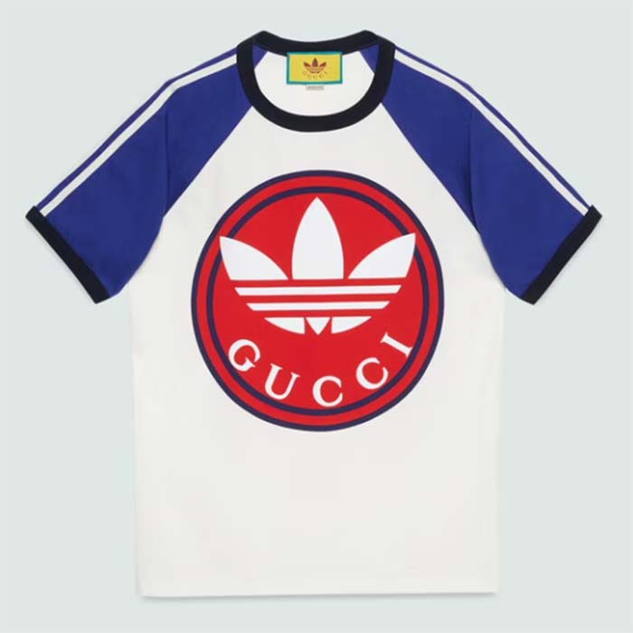 Gucci Men GG Adidas x Gucci Cotton Jersey T-Shirt Ivory Blue Trefoil Print Raglan Sleeves Crewneck