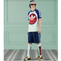 Gucci Men GG Adidas x Gucci Cotton Jersey T-Shirt Ivory Blue Trefoil Print Raglan Sleeves Crewneck (4)