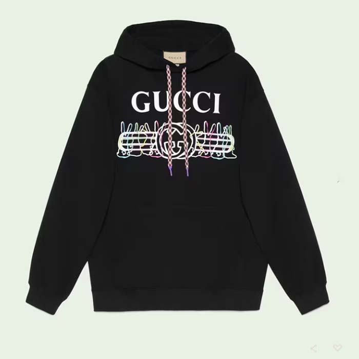 Gucci Men GG Cotton Jersey Sweatshirt Black Felted Long Sleeves Kangaroo Front Pocket