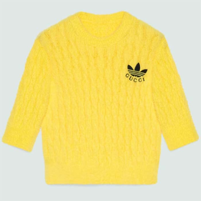 Gucci Women GG Adidas x Gucci Cable Knit Top Yellow Polyamide Trefoil Crewneck Short Sleeves