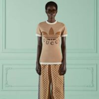 Gucci Women GG Adidas x Gucci Cotton T-Shirt Camel Jersey Trefoil Print Crewneck (8)