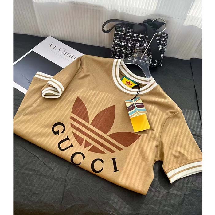 Gucci Women GG Adidas x Gucci Cotton T-Shirt Camel Jersey Trefoil Print Crewneck