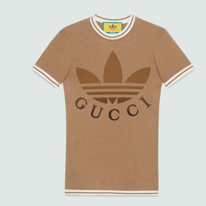 Gucci Women GG Adidas x Gucci Cotton T-Shirt Camel Jersey Trefoil Print Crewneck