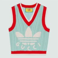 Gucci Women GG Adidas x Gucci Rib Stitch Sleeveless Top Cotton Trefoil Embroidery Knit V-Ne