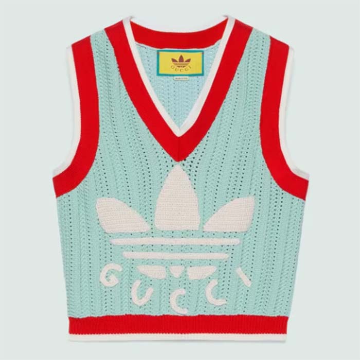 Gucci Women GG Adidas x Gucci Rib Stitch Sleeveless Top Cotton Trefoil Embroidery Knit V-Ne