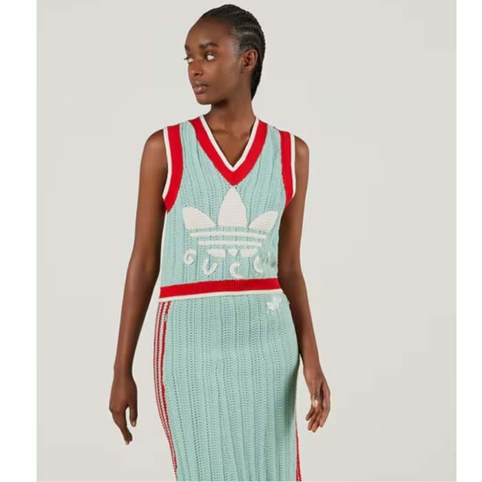 Gucci Women GG Adidas x Gucci Rib Stitch Sleeveless Top Cotton Trefoil Embroidery Knit V-Neck
