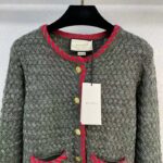 Gucci Women GG Cable Knit Wool Jacket Dark Green Cable Knit Wool Green Red Stripe - Image 4