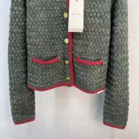 Gucci Women GG Cable Knit Wool Jacket Dark Green Cable Knit Wool Green Red Stripe (13)