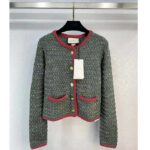 Gucci Women GG Cable Knit Wool Jacket Dark Green Cable Knit Wool Green Red Stripe - Image 2
