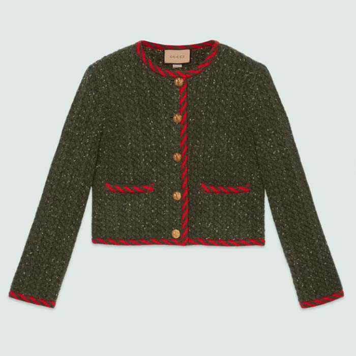 Gucci Women GG Cable Knit Wool Jacket Dark Green Cable Knit Wool Green Red Stripe