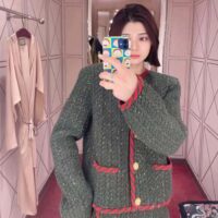 Gucci Women GG Cable Knit Wool Jacket Dark Green Cable Knit Wool Green Red Stripe (13)