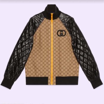 Gucci Women GG Canvas Nylon Zip Jacket Beige Ebony Black Quilted High Neck