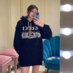 Gucci Women GG Cotton Jersey Sweatshirt Black Felted Long Sleeves Kangaroo Front Pocket - Image 6