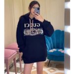 Gucci Women GG Cotton Jersey Sweatshirt Black Felted Long Sleeves Kangaroo Front Pocket - Image 7