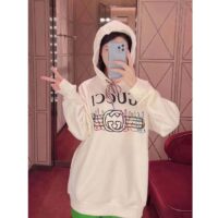 Gucci Women GG Logo Bunny Print Hooded Cotton Sweatshirt Off White Cotton Jersey (5)