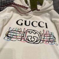 Gucci Women GG Logo Bunny Print Hooded Cotton Sweatshirt Off White Cotton Jersey (5)