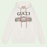 Gucci Women GG Logo Bunny Print Hooded Cotton Sweatshirt Off White Cotton Jersey