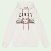 Gucci Women GG Logo Bunny Print Hooded Cotton Sweatshirt Off White Cotton Jersey (5)