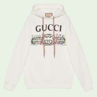 Gucci Women GG Logo Bunny Print Hooded Cotton Sweatshirt Off White Cotton Jersey (5)