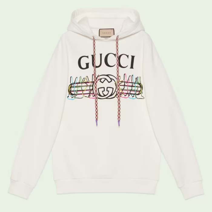 Gucci Women GG Logo Bunny Print Hooded Cotton Sweatshirt Off White Cotton Jersey