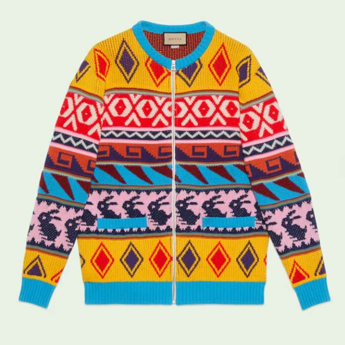 Gucci Women GG Wool Jacquard Zip Jacket Multicolor Geometric Motif Wool Bunny Label