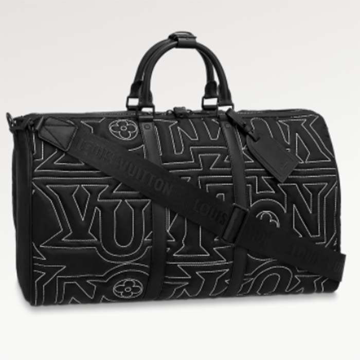 Louis Vuitton LV Unisex Keepall 50B Black Nylon Cowhide Leather Signature Embroidery