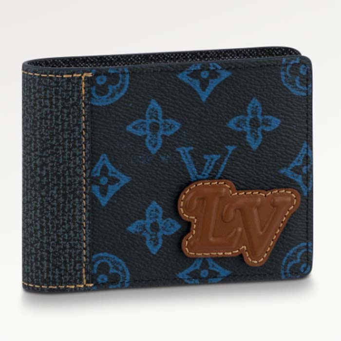 Louis Vuitton LV Unisex Slender Wallet Blue Monogram Coated Canvas Bill Compartment