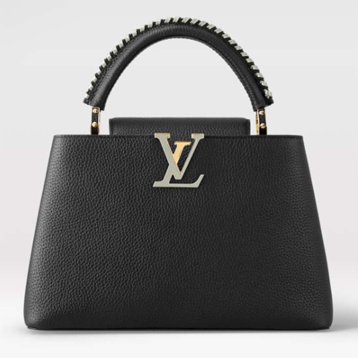 Louis Vuitton LV Women Capucines MM Handbag Black Etain Metallic Gray Taurillon Leather