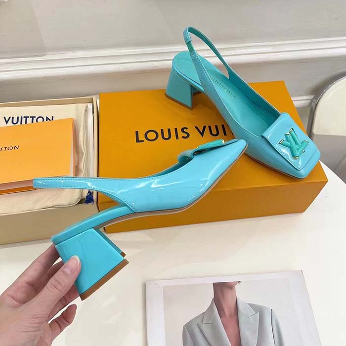 Louis Vuitton LV Women Shake Slingback Pump Blue Patent Calf Leather Lambskin 5.5 Cm Heel