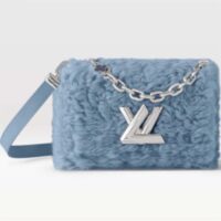 Louis Vuitton LV Women Twist MM Handbag Jean Blue Shearling Smooth Calfskin Leather (6)