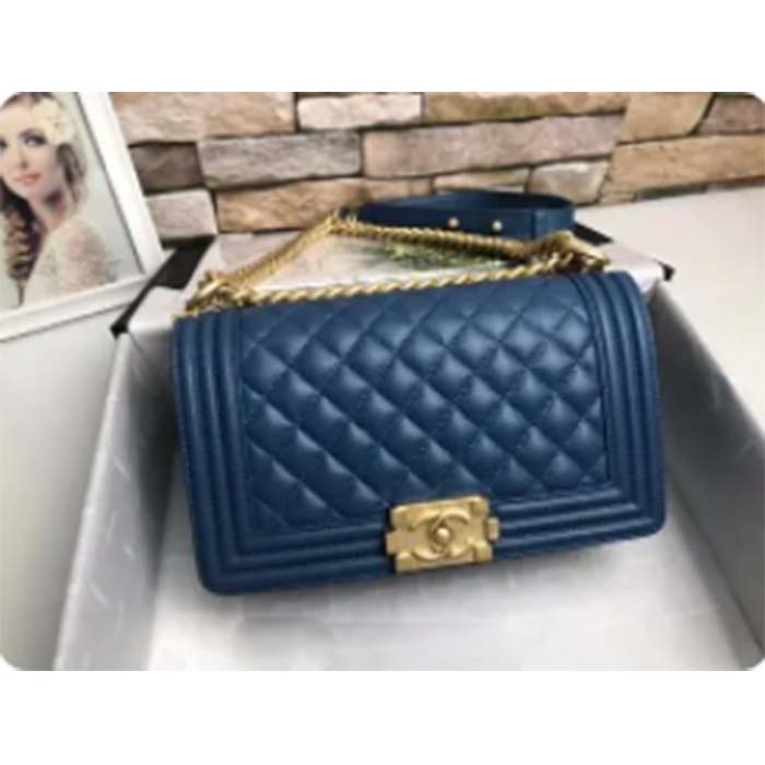 Chanel Women CC Boy Flap Handbag Chevron Quilted Calfskin Leather Navy Blue (1)