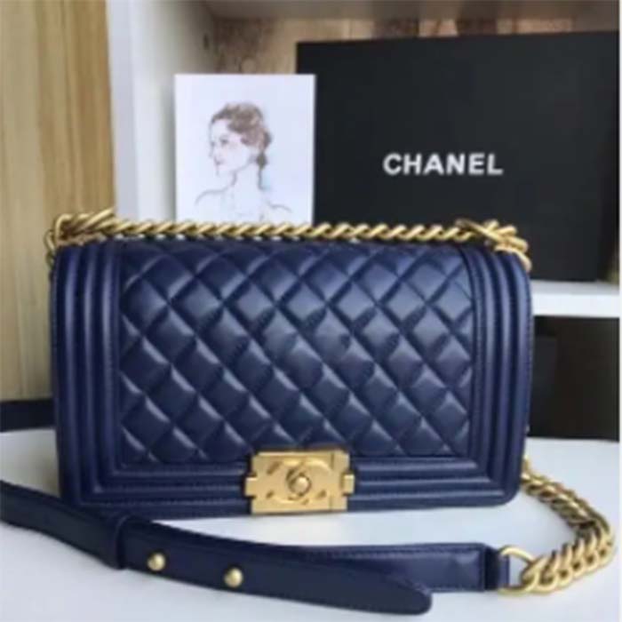 Chanel Women CC Boy Flap Handbag Chevron Quilted Calfskin Leather Navy Blue (2)