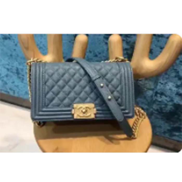Chanel Women CC Boy Flap Handbag Chevron Quilted Calfskin Leather Navy Blue (4)