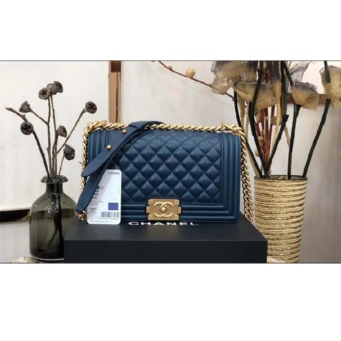 Chanel Women CC Boy Flap Handbag Chevron Quilted Calfskin Leather Navy Blue (6)