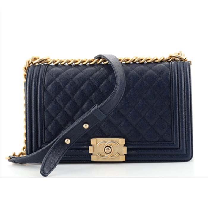 Chanel Women CC Boy Flap Handbag Chevron Quilted Calfskin Leather Navy Blue