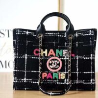 Chanel Women CC Large Shopping Bag Wool Tweed Gold-Tone Metal Black White (6)