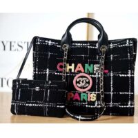 Chanel Women CC Large Shopping Bag Wool Tweed Gold-Tone Metal Black White (6)