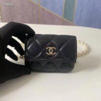 Chanel Women CC Shoulder Black Flap Bag Artificial Pearl Chain Calfskin Leather