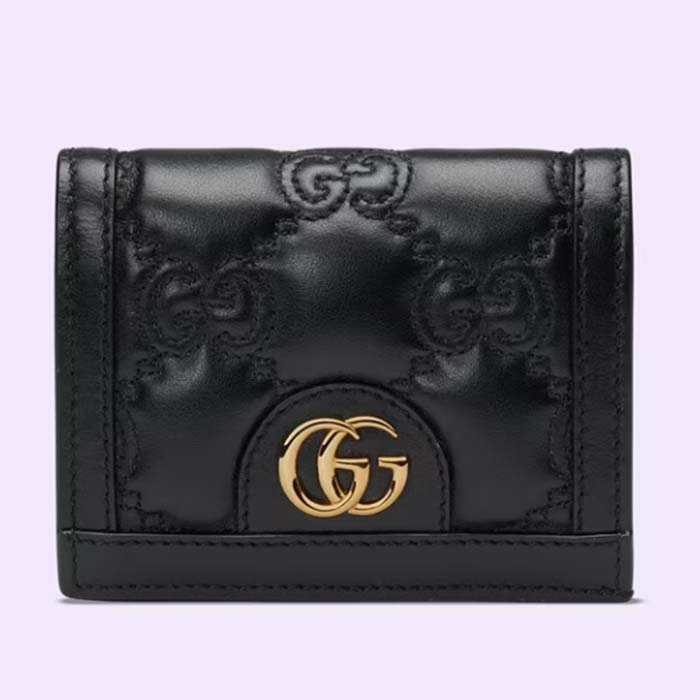 Gucci Unisex GG Marmont Card Case Wallet Black GG Matelassé Leather Double G