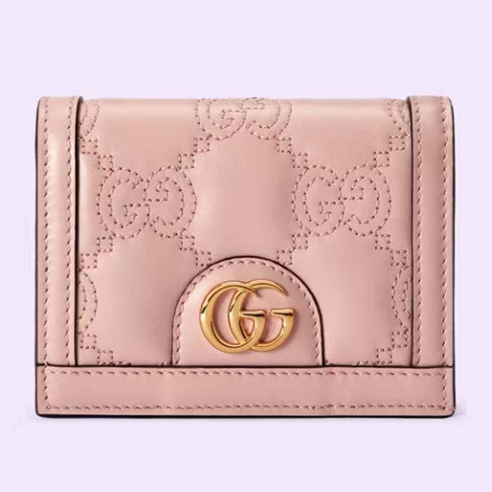Gucci Unisex GG Marmont Card Case Wallet Light Pink GG Matelassé Leather Double G