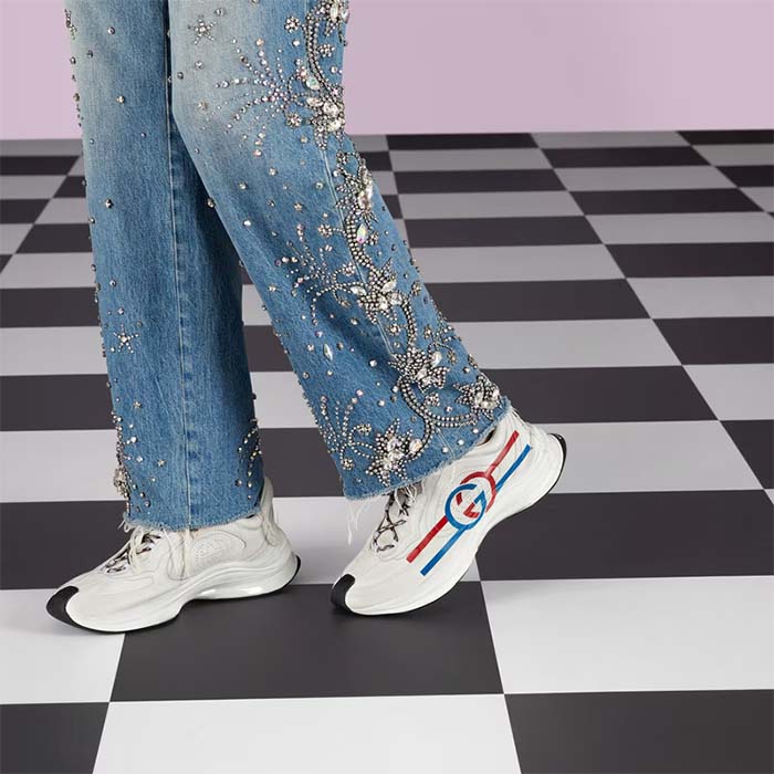 Gucci Unisex GG Run Sneaker White Leather Blue Mid Heel Red Interlocking G 6 Cm Heel